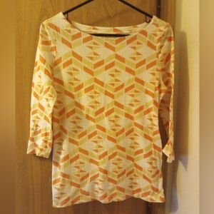 Loft White Orange Tan Geometric Patterned 3/4 Sleeve Blouse Size Small